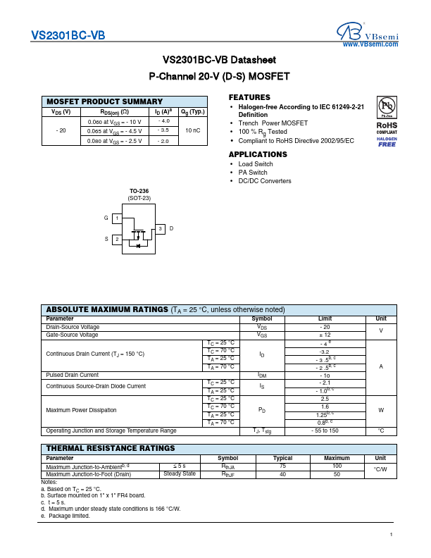 VS2301BC P-Channel 20V MOSFET by VBsemi - Datasheet Preview