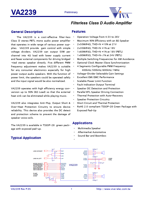 VA2239 Filterless Class D Audio Amplifier by Viva Electronics - Datasheet Preview