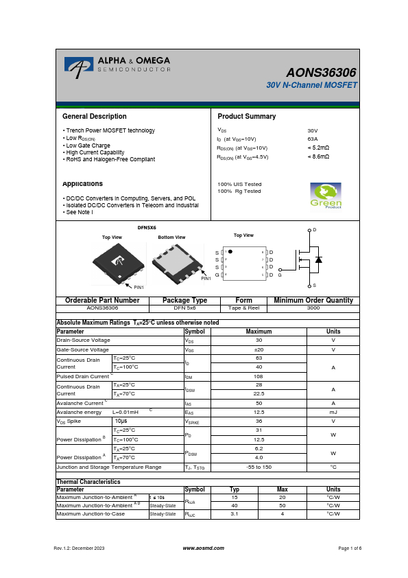 AONS36306 30V N-Channel MOSFET by Alpha & Omega Semiconductors - Datasheet Preview
