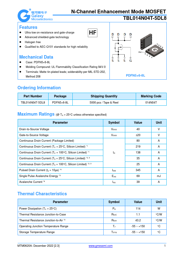 TBL014N04T-5DL8 N-Channel Enhancement Mode MOSFET by GME - Datasheet Preview