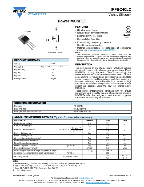 IRFBC40LC Datasheet Preview