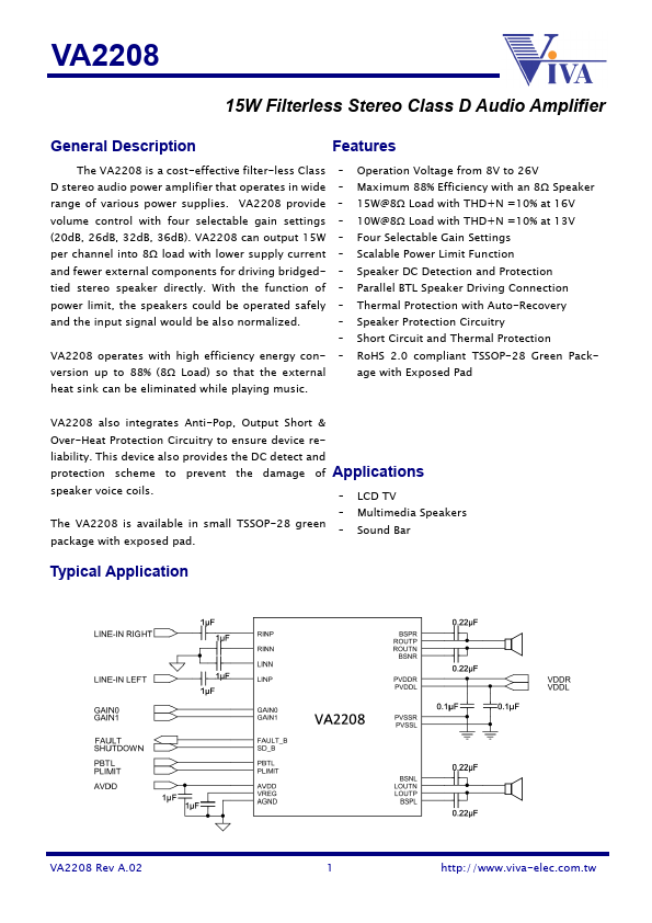 VA2208 15W Filterless Stereo Class D Audio Amplifier by Viva Electronics - Datasheet Preview