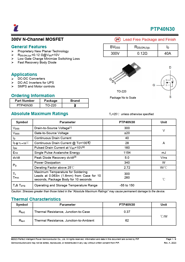 PTP40N30 Datasheet Preview