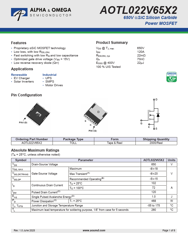 AOTL022V65X2 650V Silicon Carbide Power MOSFET by Alpha & Omega Semiconductors - Datasheet Preview