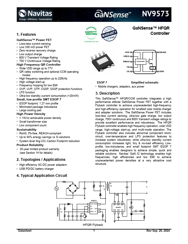 NV9573 Datasheet NV9573 Navitas pdf HFQR Controller Navitas
