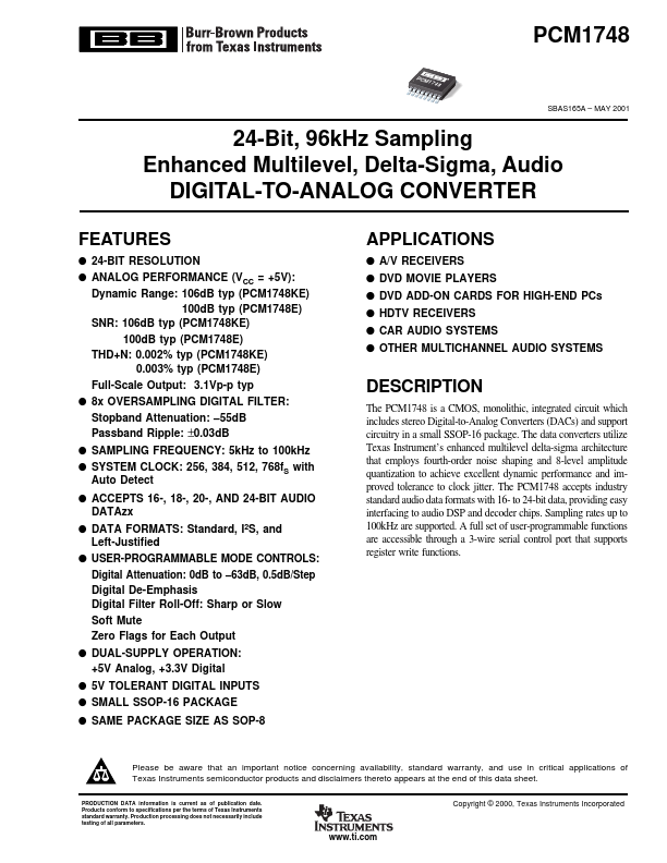 PCM1748 24-Bit Audio DIGITAL-TO-ANALOG CONVERTER by Burr-Brown - Datasheet Preview