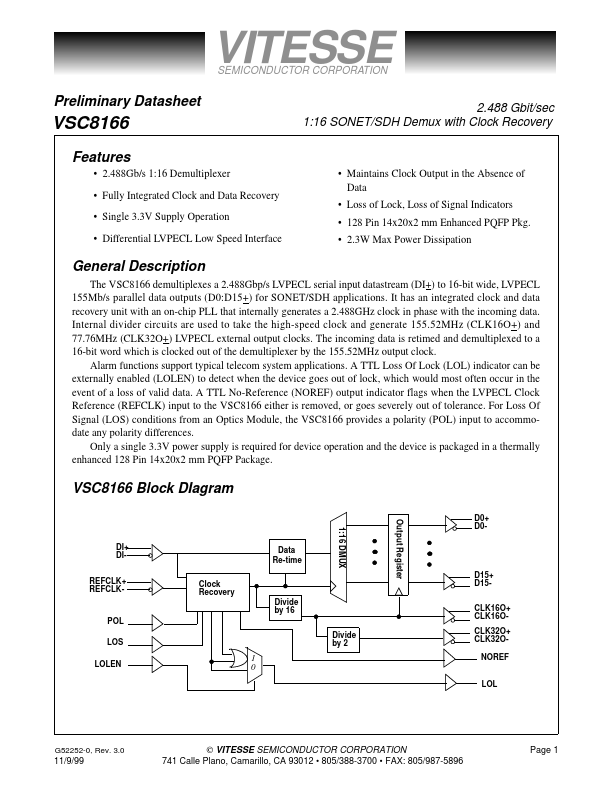 VSC8166 Datasheet Preview