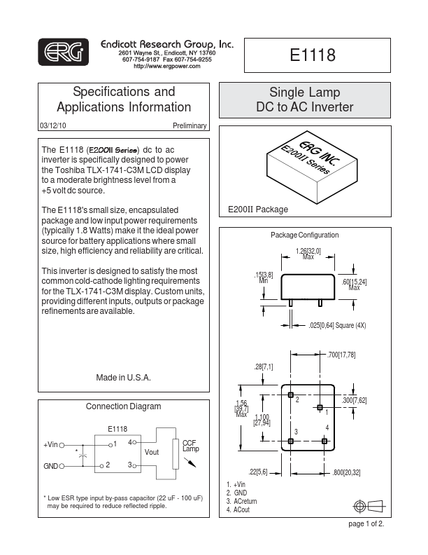 E1118 Single Lamp DC to AC Inverter by ERG - Datasheet Preview