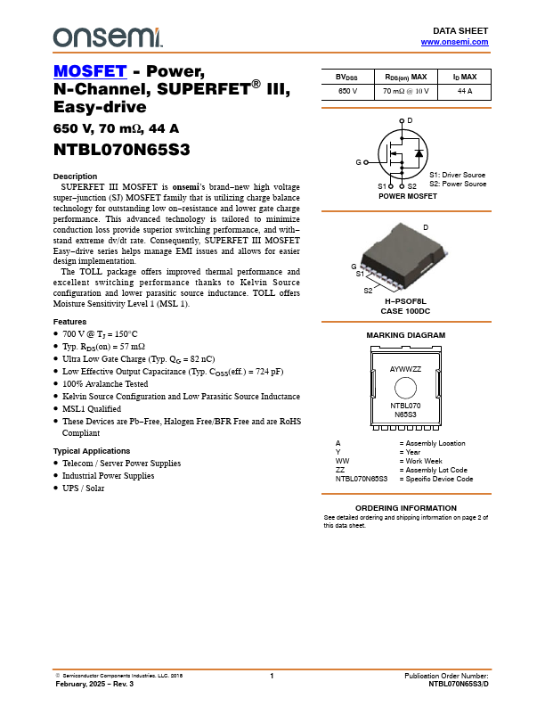 NTBL070N65S3 Datasheet Preview