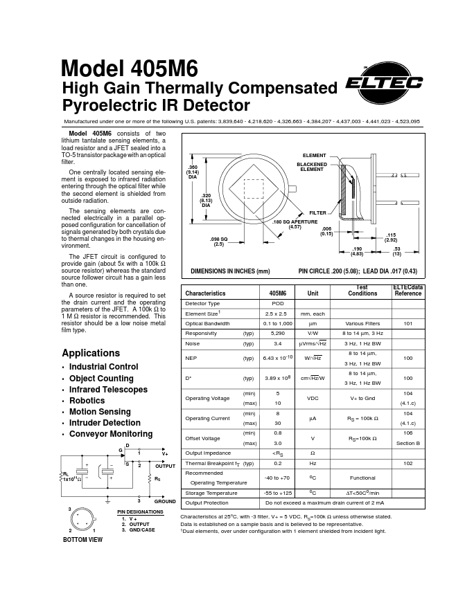 405M6 High Gain Thermally Compensated Pyroelectric IR Detector by ELTEC - Datasheet Preview