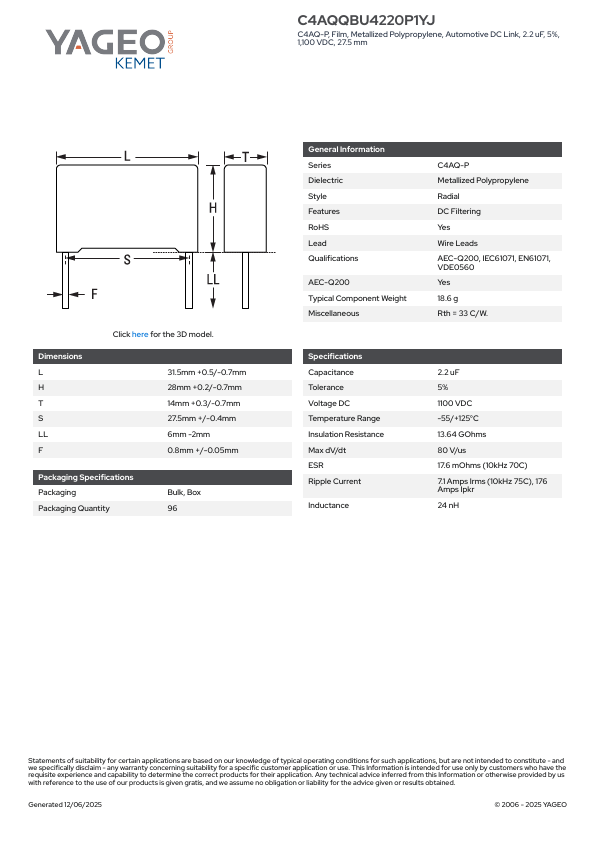 C4AQQBU4220P1YJ Metallized Polypropylene Film Capacitors by YAGEO - Datasheet Preview