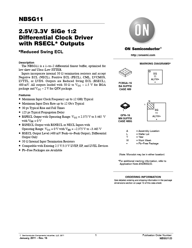 NBSG11 2.5V/3.3V SiGe 1:2 Differential Clock Driver by ON Semiconductor - Datasheet Preview