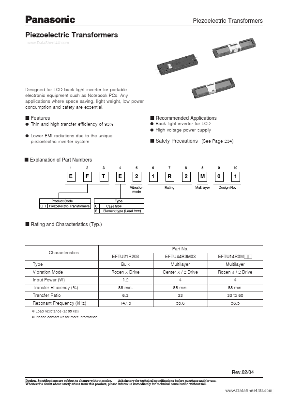 EFTU44R0M03 Piezoelectric Transformers by Panasonic - Datasheet Preview
