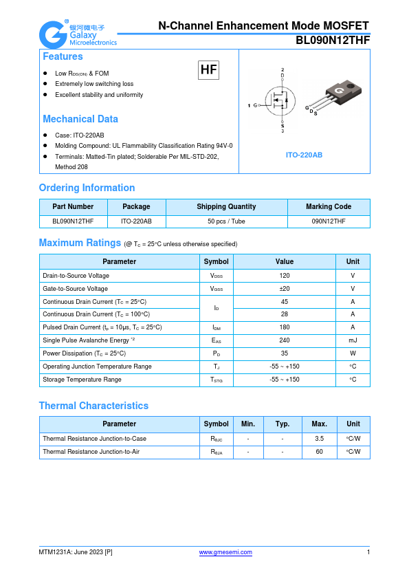 BL090N12THF N-Channel Enhancement Mode MOSFET by GME - Datasheet Preview