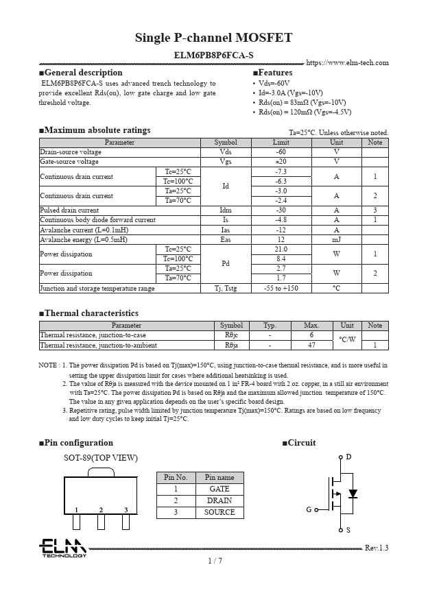 ELM6PB8P6FCA-S Single P-channel MOSFET by ELM - Datasheet Preview