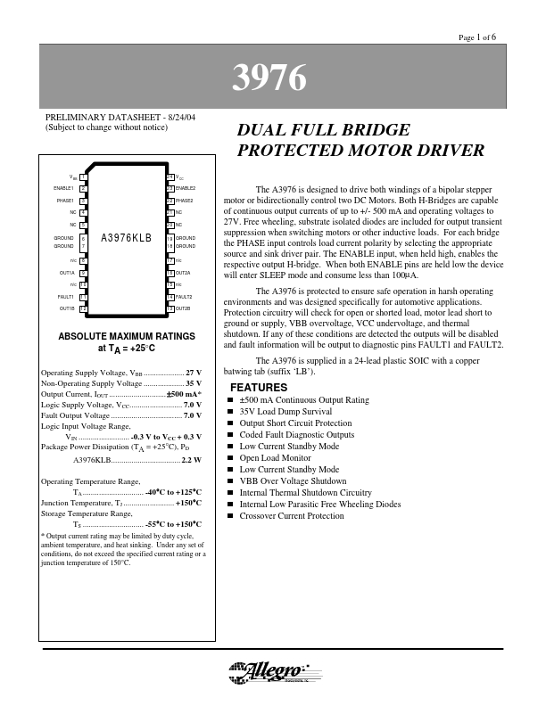 A3976 datasheet page 1 preview