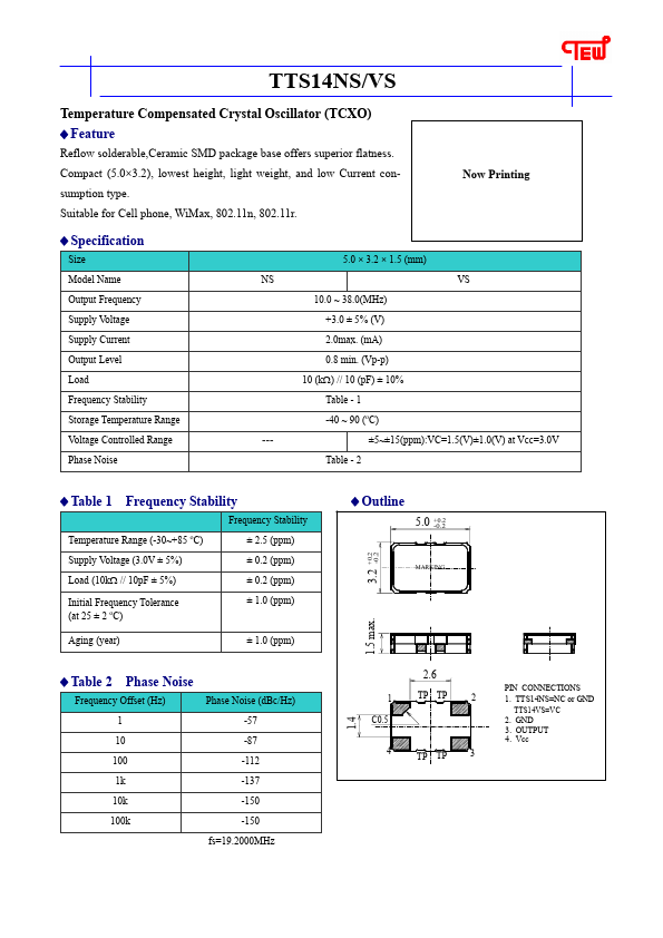 TTS14NS Temperature Compensated Crystal Oscillator by TEW - Datasheet Preview