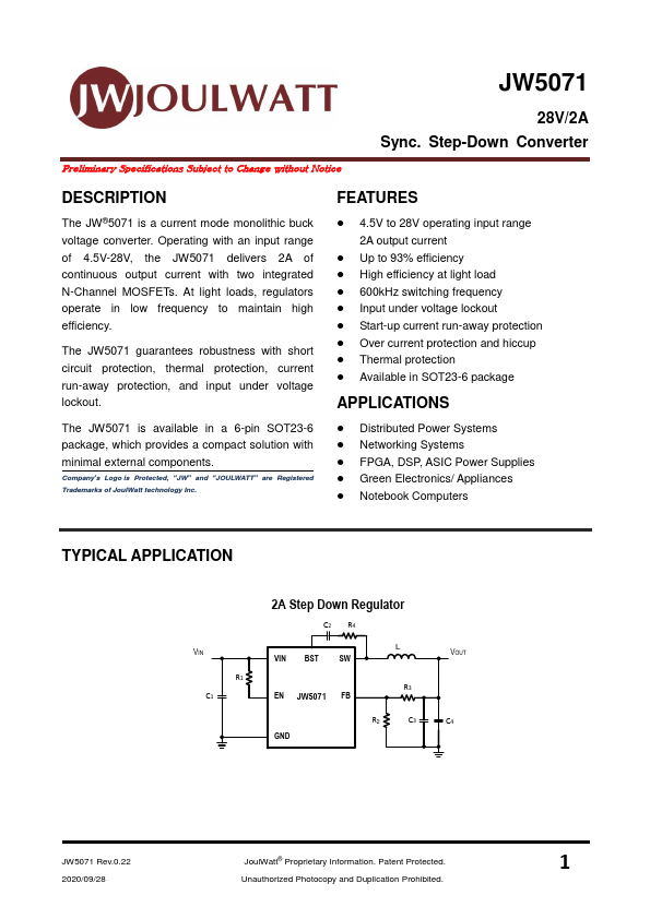 JW5071 28V/2A Sync. Step-Down Converter by JoulWatt - Datasheet Preview