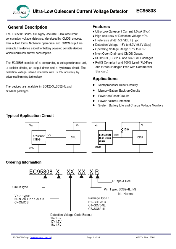 EC95808 Ultra-Low Quiescent Current Voltage Detector by E-CMOS - Datasheet Preview