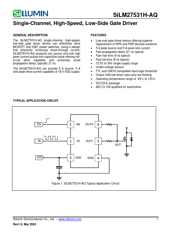 SiLM27531H-AQ Single-Channel High-Speed Low-Side Gate Driver by Sillumin - Datasheet Preview