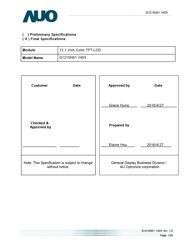 G121SN01-V403 Datasheet Preview