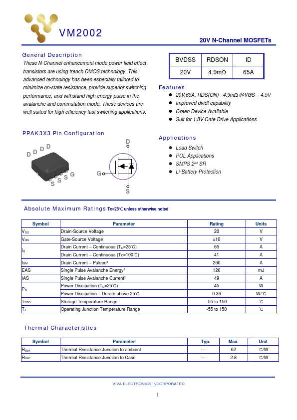 VM2002 20V N-Channel MOSFET by Viva Electronics - Datasheet Preview