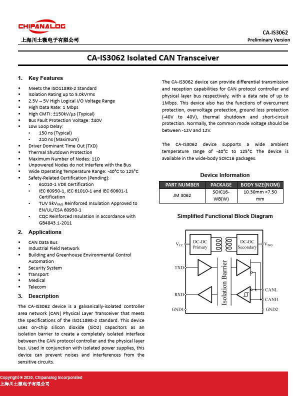 CA-IS3062 CAN Transceiver by Chipanalog - Datasheet Preview