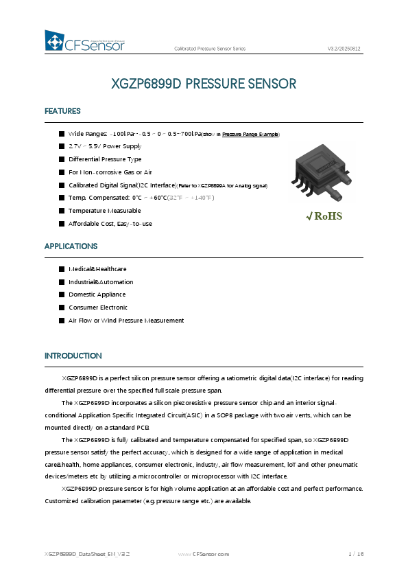 XGZP6899D Calibrated Pressure Sensor by CFSensor - Datasheet Preview