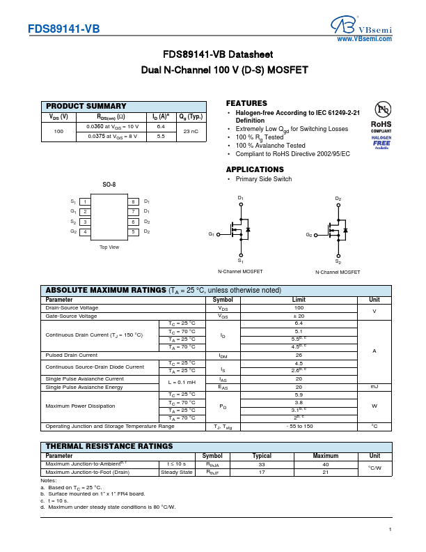 FDS89141 Datasheet Preview