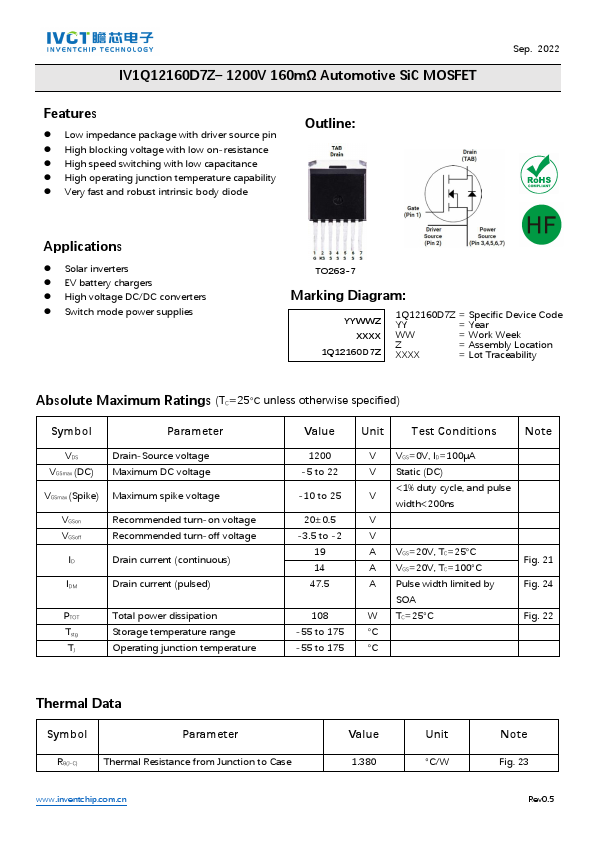 IV1Q12160D7Z 1200V Automotive SiC MOSFET by IVCT - Datasheet Preview