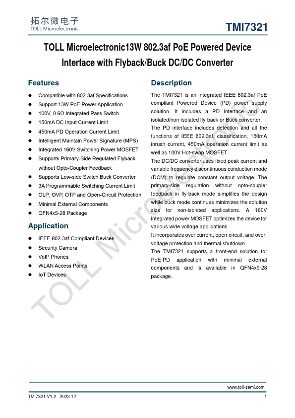 TMI7321 Microelectronic 13W 802.3af PoE Powered Device Interface by TOLL - Datasheet Preview