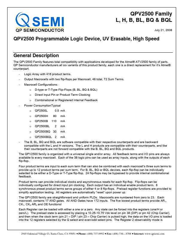 QPV2500BQL Programmable Logic Device by QP Semiconductor - Datasheet Preview