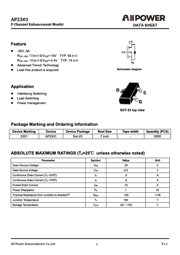 AP2301 P-Channel MOSFET by ALLPOWER - Datasheet Preview