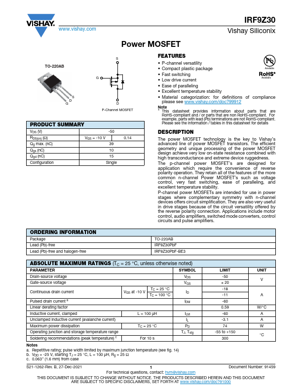 IRF9Z30 Datasheet Preview