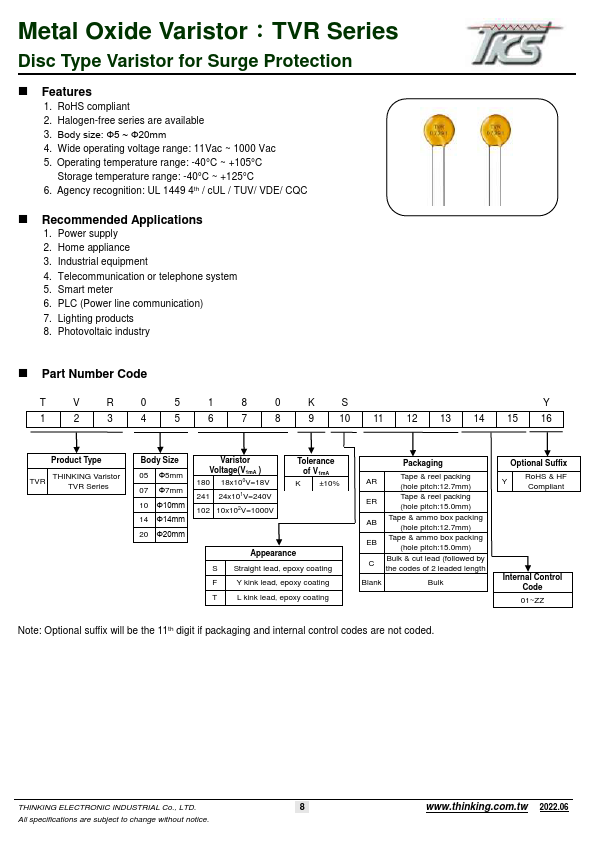 TVR25621KB Zinc Oxide Varistor by TKS - Datasheet Preview