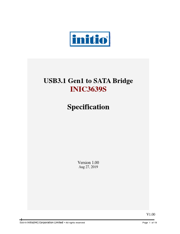 INIC3639S USB3.1 Gen1 to SATA Bridge by initio - Datasheet Preview