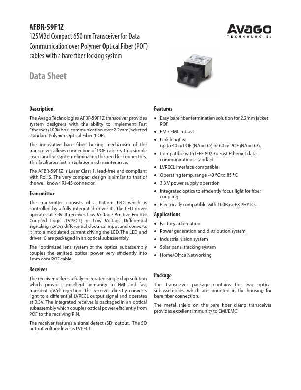 AFBR-59F1Z 125MBd Compact 650 nm Transceiver by Avago - Datasheet Preview