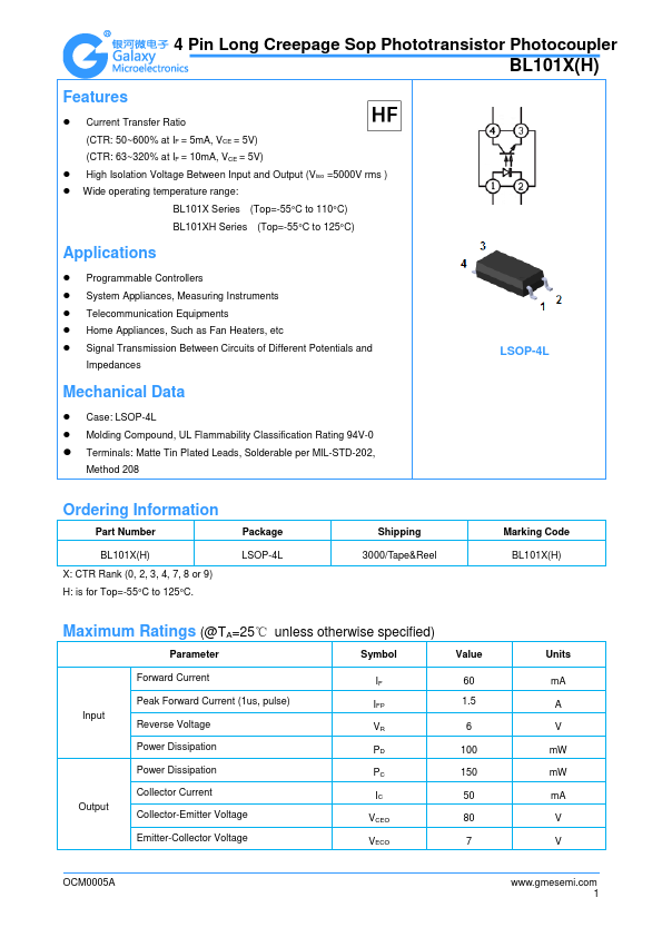 BL1017H Phototransistor Photocoupler by GME - Datasheet Preview