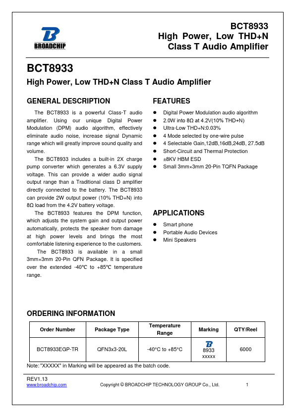 BCT8933 High Power Class T Audio Amplifier by BROADCHIP - Datasheet Preview