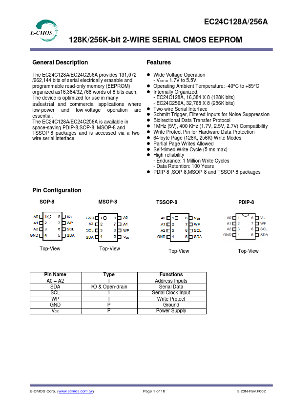 EC24C256A 256K-bit 2-WIRE SERIAL CMOS EEPROM by E-CMOS - Datasheet Preview