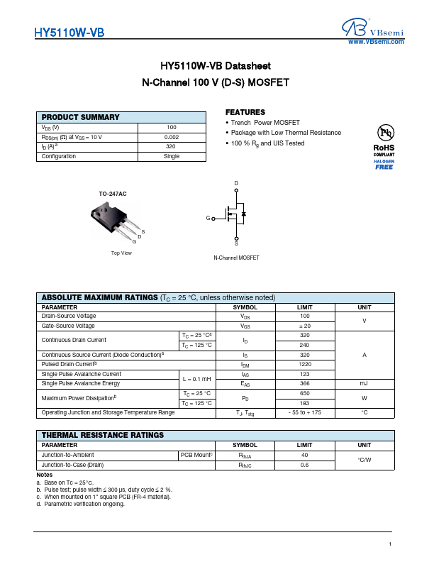 HY5110W N-Channel 100V MOSFET by VBsemi - Datasheet Preview