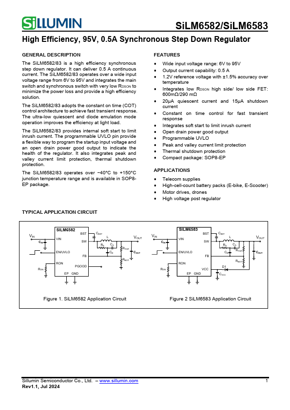 SiLM6583 High Efficiency 95V 0.5A Synchronous Step Down Regulator by Sillumin - Datasheet Preview