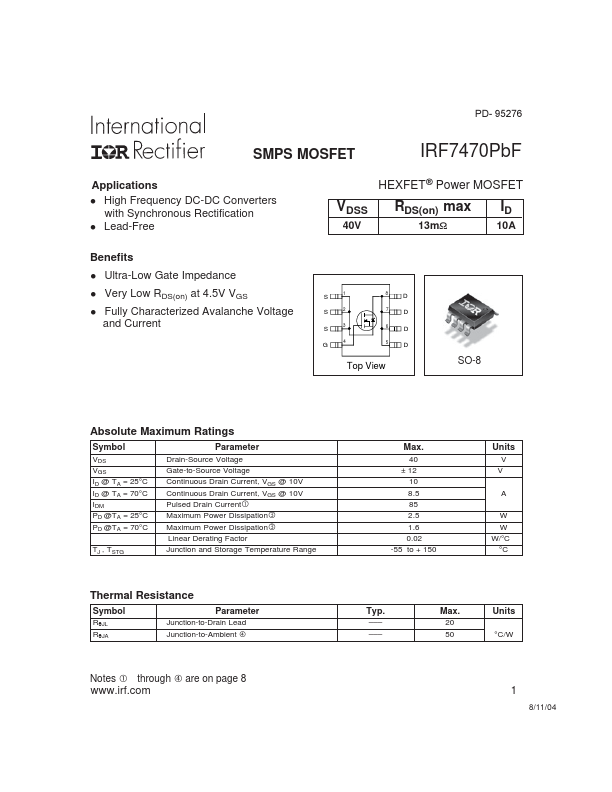 IRF7470 Power MOSFET by International Rectifier - Datasheet Preview