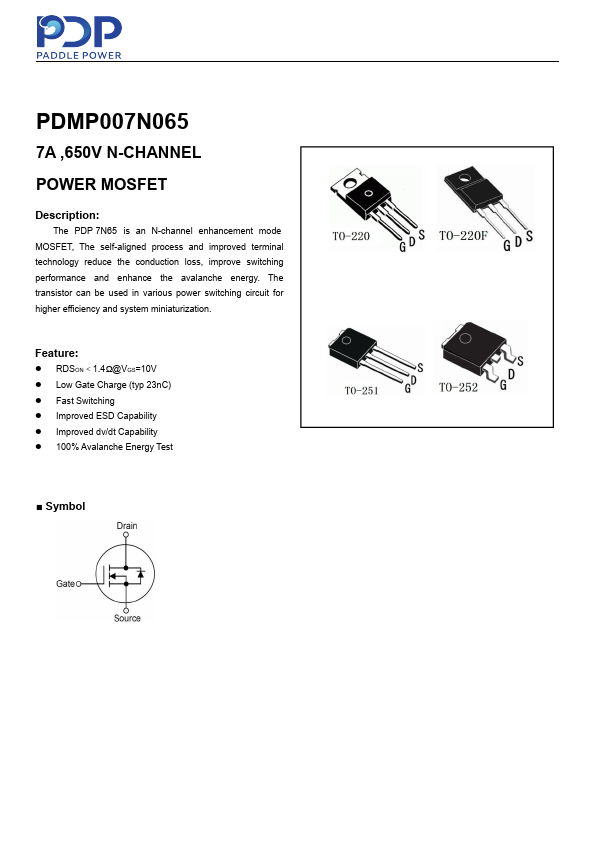 PDMP007N065 7A 650V N-CHANNEL POWER MOSFET by PDP Semiconductor - Datasheet Preview