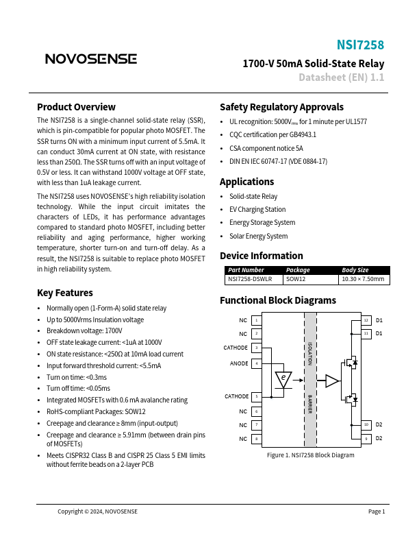 NSI7258 1700-V 50mA Solid-State Relay by NOVOSENSE - Datasheet Preview