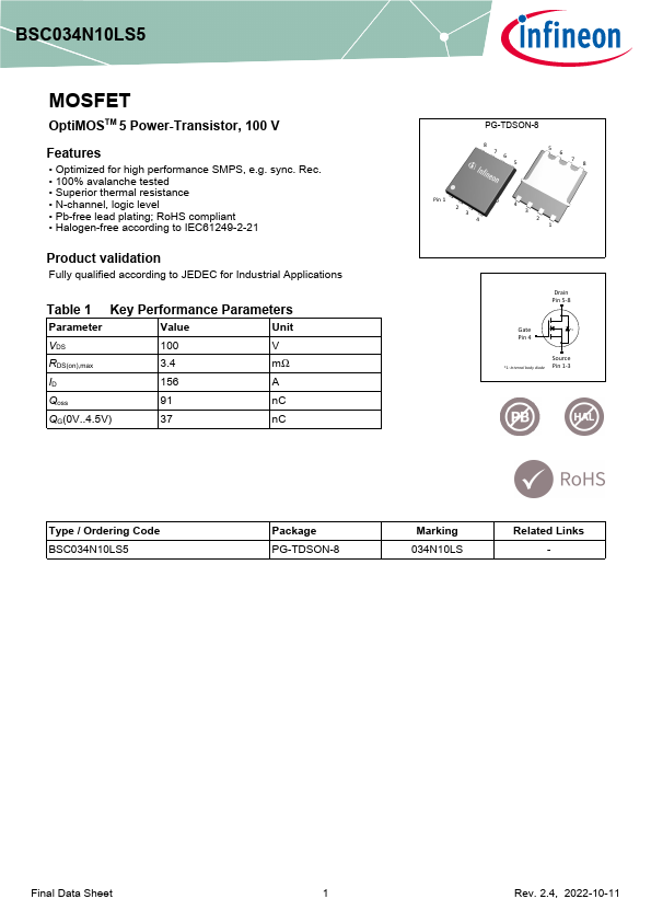 BSC034N10LS5 Datasheet Preview