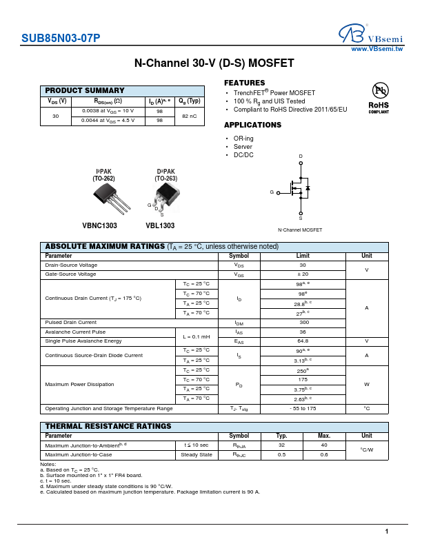SUB85N03-07P Datasheet Preview