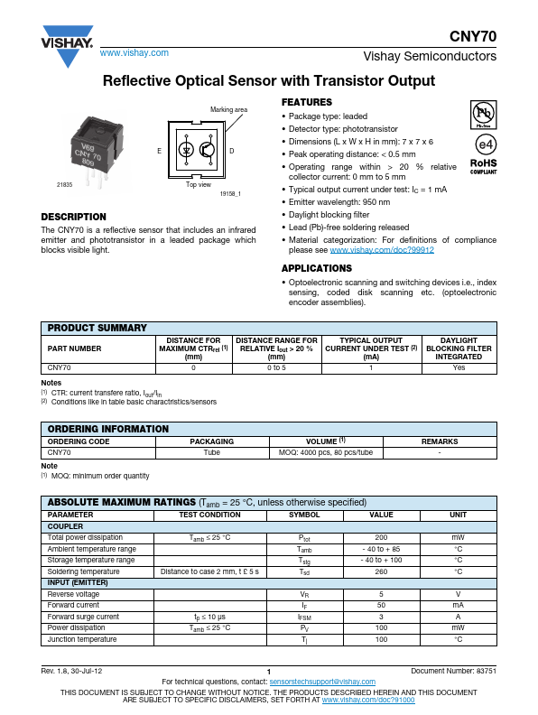 CNY70 Reflective Optical Sensor by Vishay - Datasheet Preview