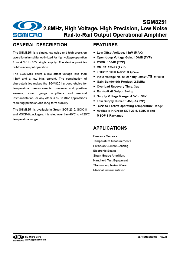 SGM8251 Low Noise Rail-to-Rail Output Operational Amplifier by SG Micro - Datasheet Preview