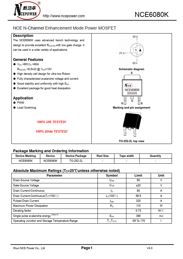 NCE6080K N-Channel Enhancement Mode Power MOSFET by NCE Power Semiconductor - Datasheet Preview